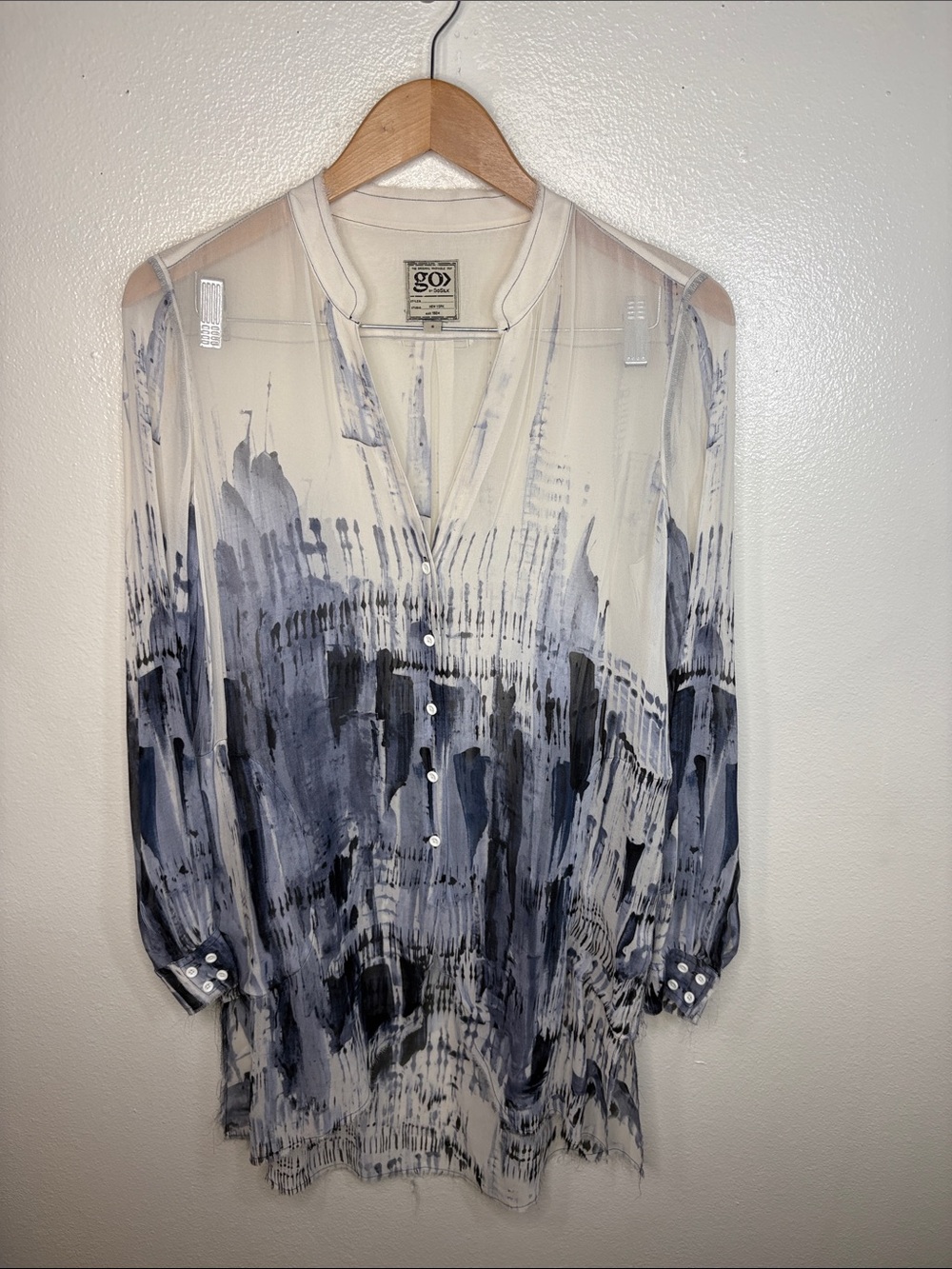 Go Silk White Blue Button Up Long Tunic Sheer Blouse Women Size S